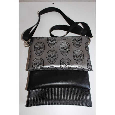 Sacs 3 pochettes tête de mort, noir, noir pailleté argent